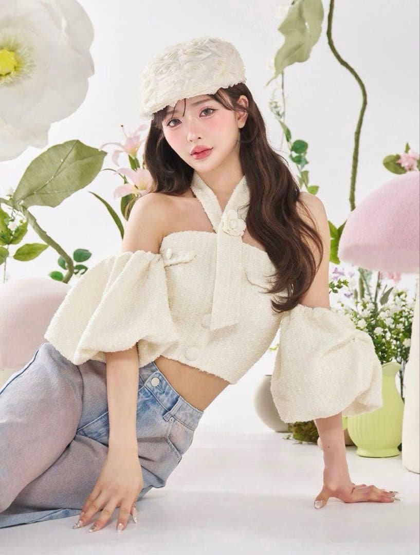 darich ホルターネックオフショルツイードトップス 白 ダーリッチ Darich ホルターネックオフショルツイードトップス